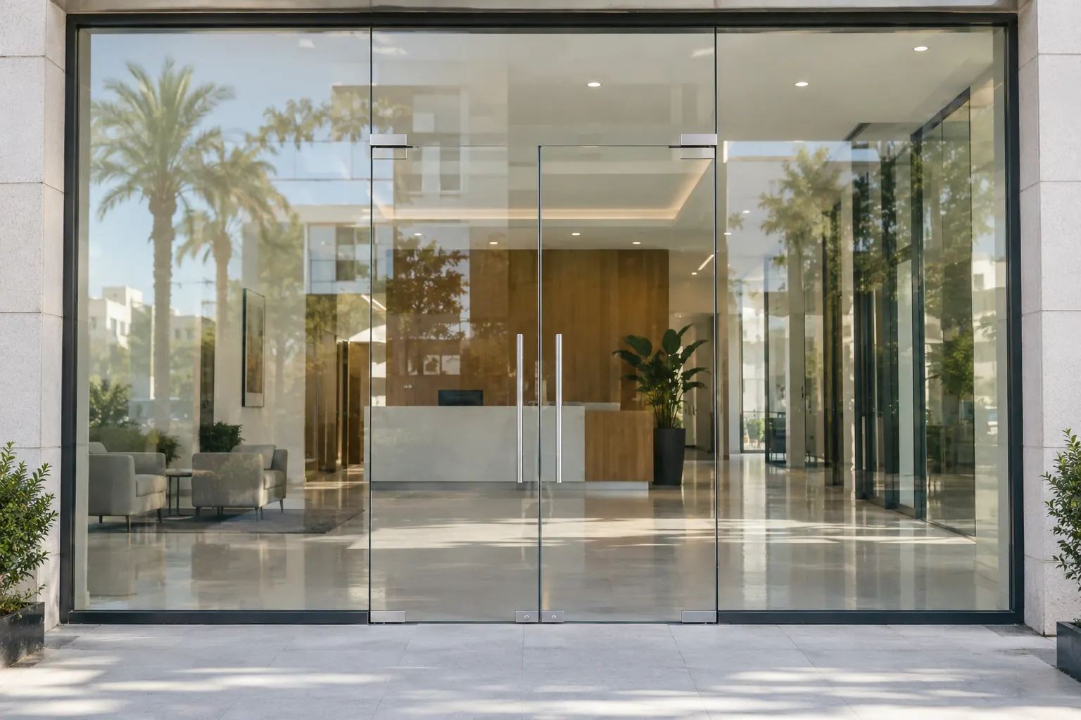 Entrée vitrée d'un hall de bureaux, vitres propres