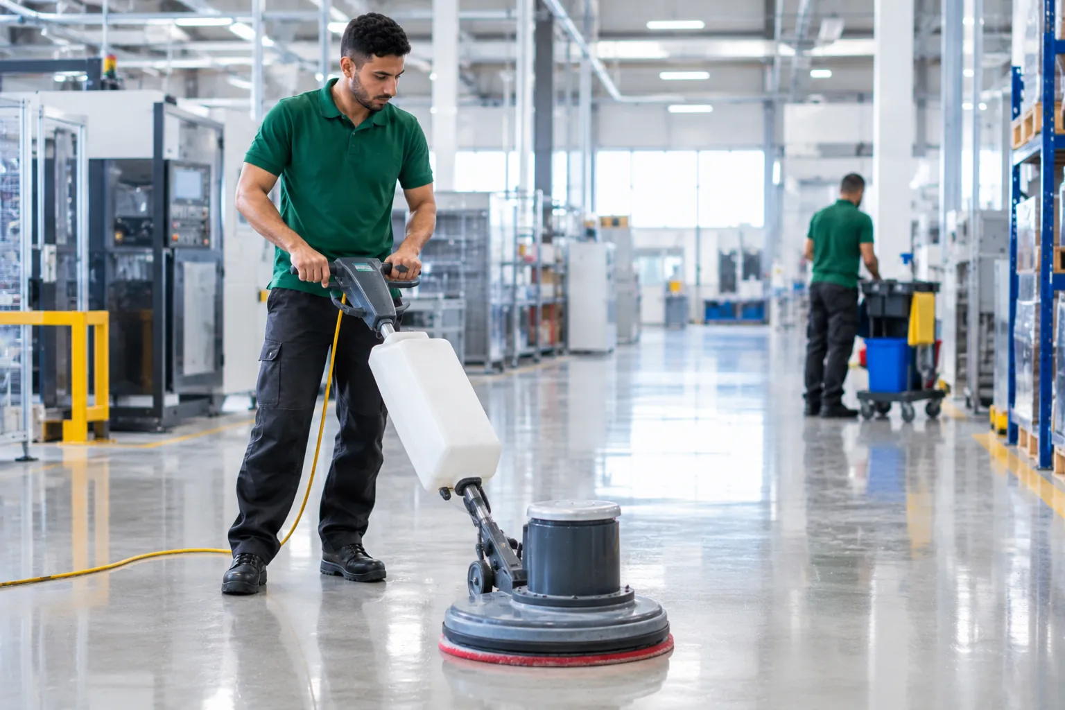 Agent passant la monobrosse sur le sol d'un site industriel