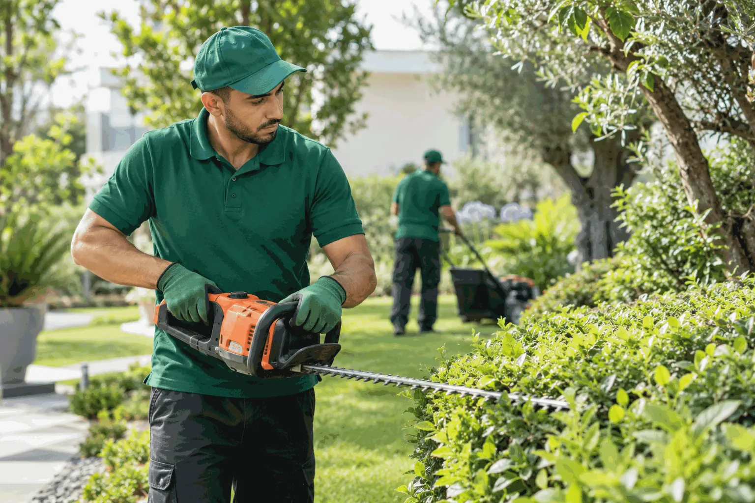 Jardinier en polo vert taillant une haie dans un jardin d'entreprise